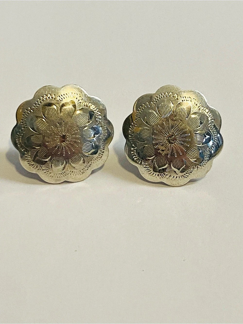 Vintage FCC Sterling Silver Floral Rosette Button ScrewBack  Clip-On Earrings